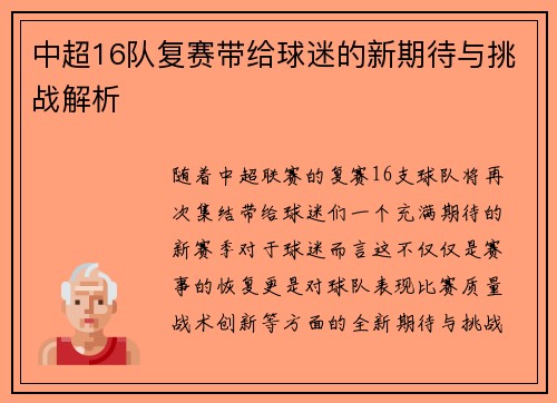 中超16队复赛带给球迷的新期待与挑战解析