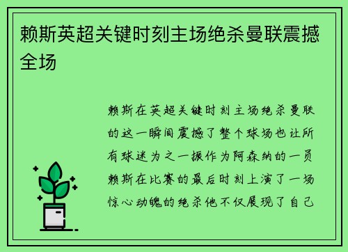 赖斯英超关键时刻主场绝杀曼联震撼全场
