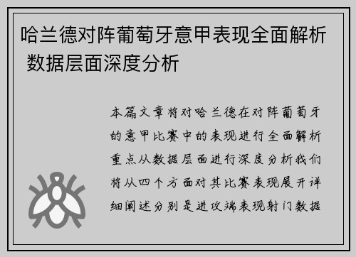 哈兰德对阵葡萄牙意甲表现全面解析 数据层面深度分析 哈兰德对阵葡萄牙意甲表现全面解析 数据层面深度分析