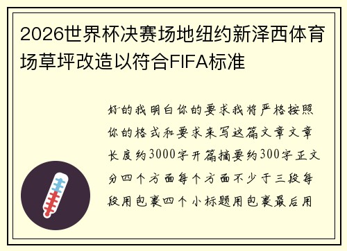 2026世界杯决赛场地纽约新泽西体育场草坪改造以符合FIFA标准